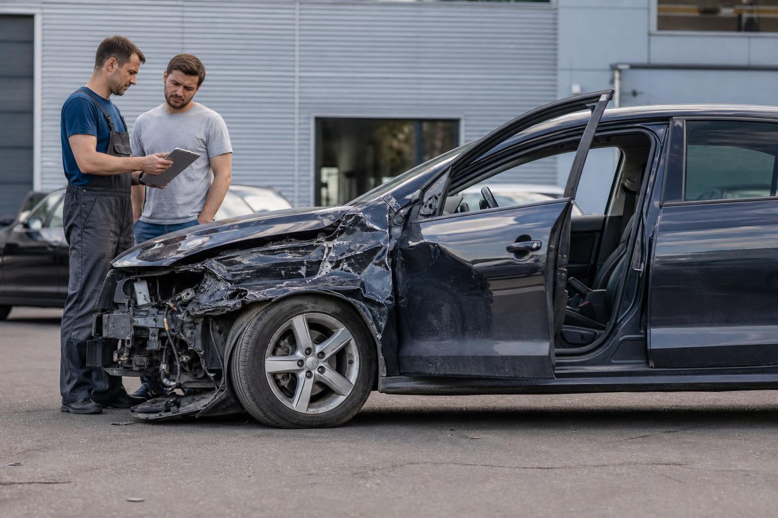 Повреждённый автомобиль после столкновения с открытыми дверями