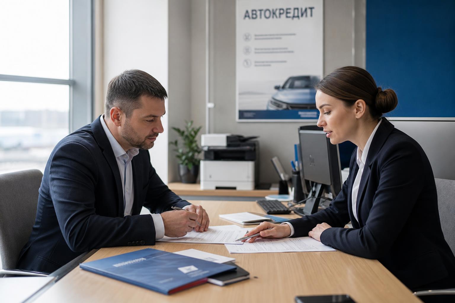 Мужчина в офисе банка обсуждает документы по автокредиту с менеджером за столом