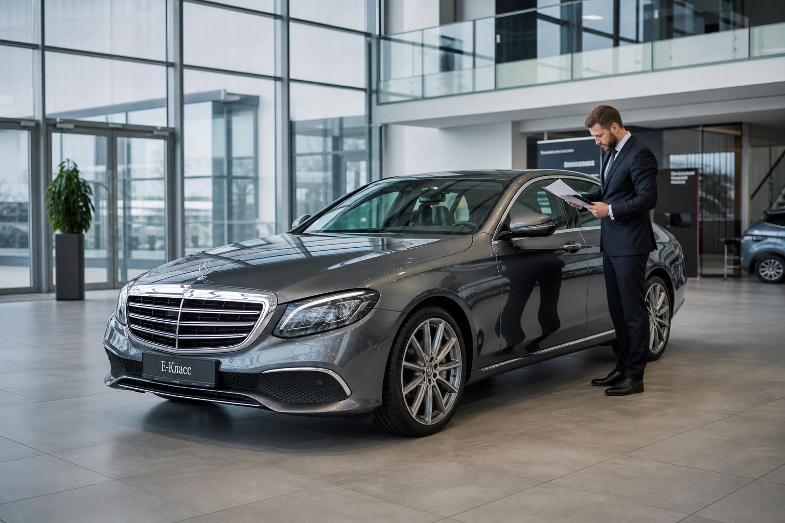 Автомобиль стоит в просторном автосалоне, менеджер осматривает документы рядом с машиной