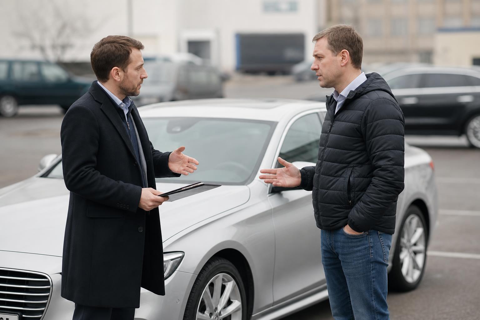 Продавец и покупатель обсуждают цену автомобиля на стоянке