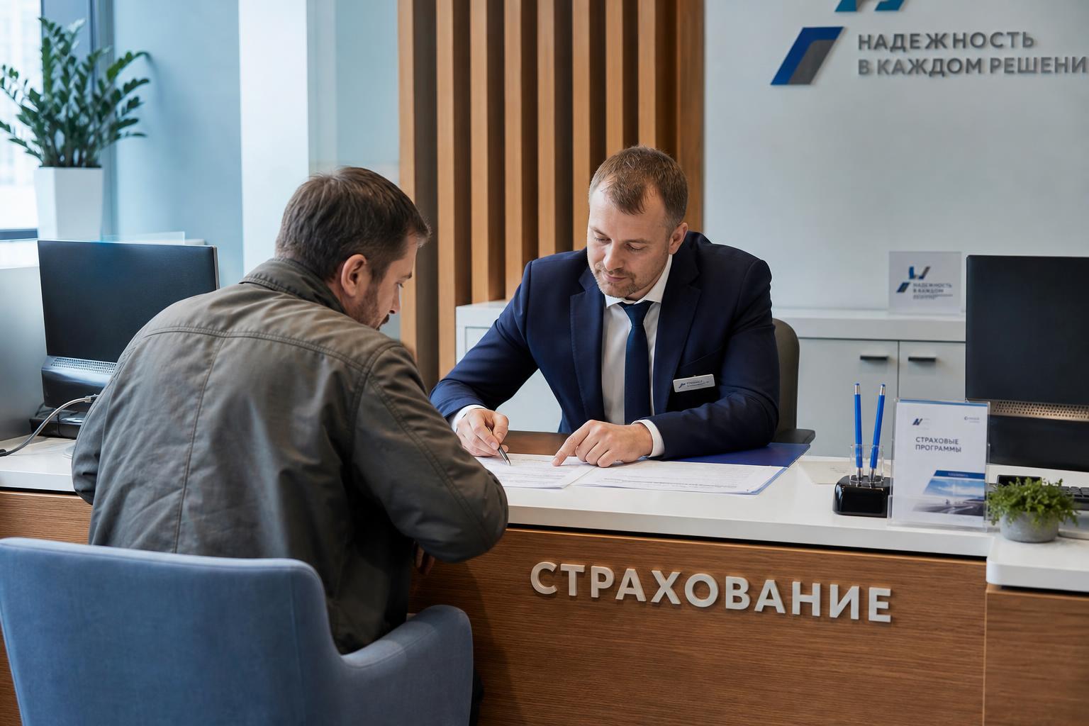 Сотрудник страховой компании оформляет полис ОСАГО для владельца подержанного автомобиля за стойкой
