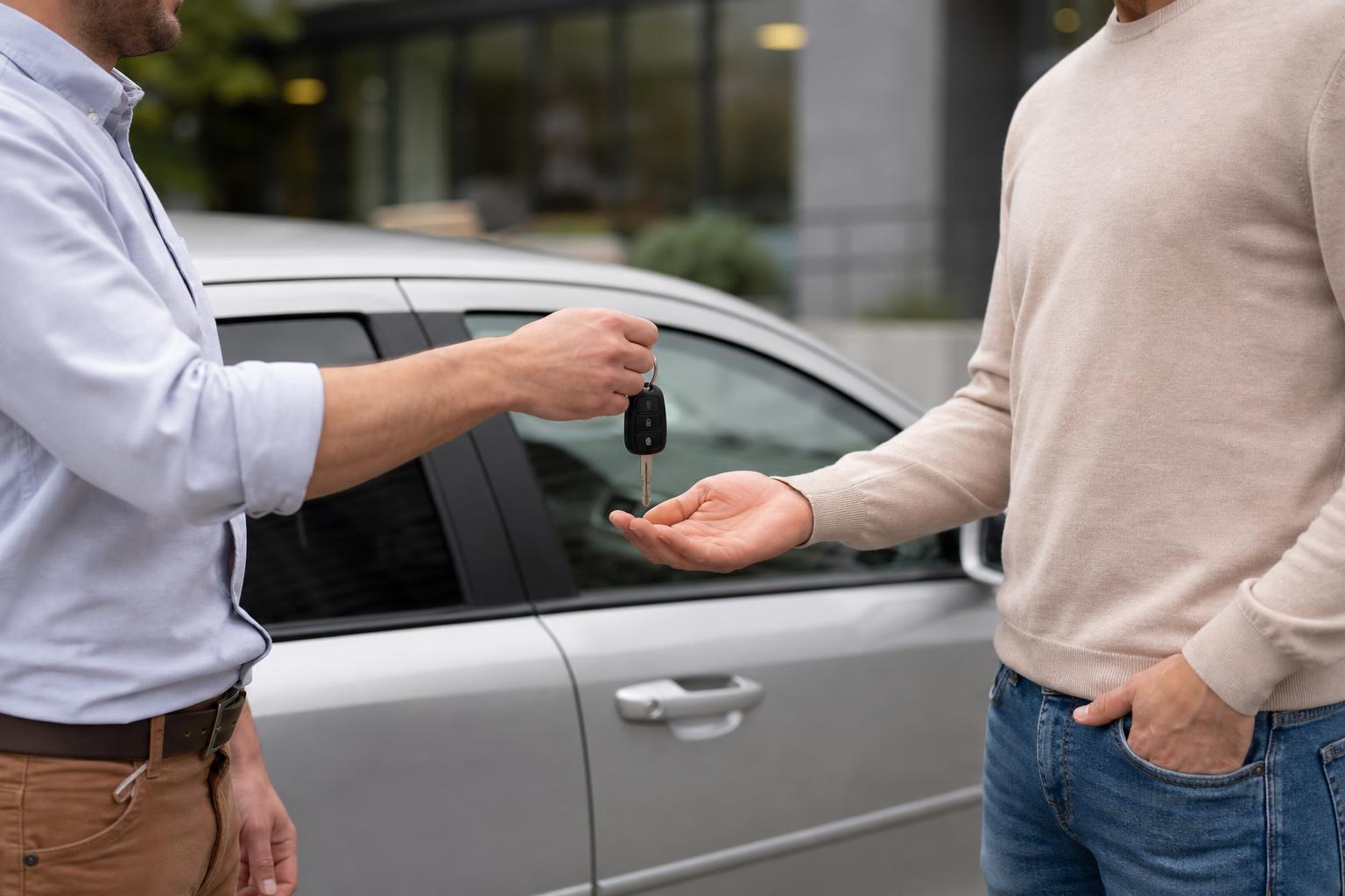 Продавец передаёт ключи от автомобиля покупателю на улице