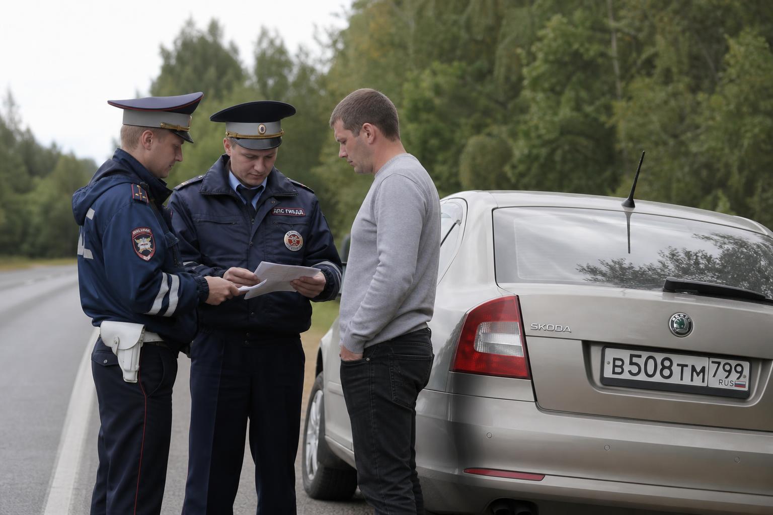 Автомобиль после ДТП на дороге с сотрудниками ГИБДД и документами