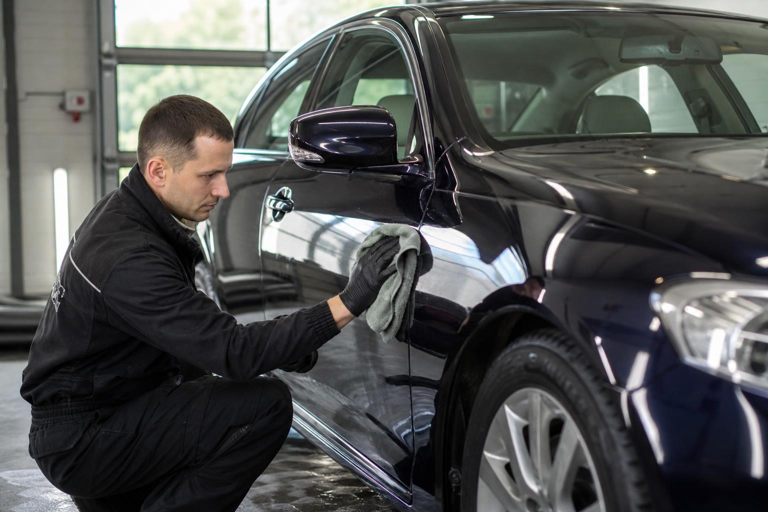 Автомобиль стоит на мойке, работник полирует кузов перед предстоящей продажей