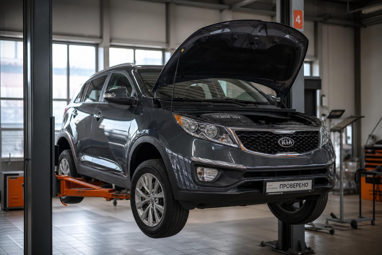 Автомобиль на осмотре перед продажей: эксперт проверяет кузов и двигатель на подъёмнике в сервисе