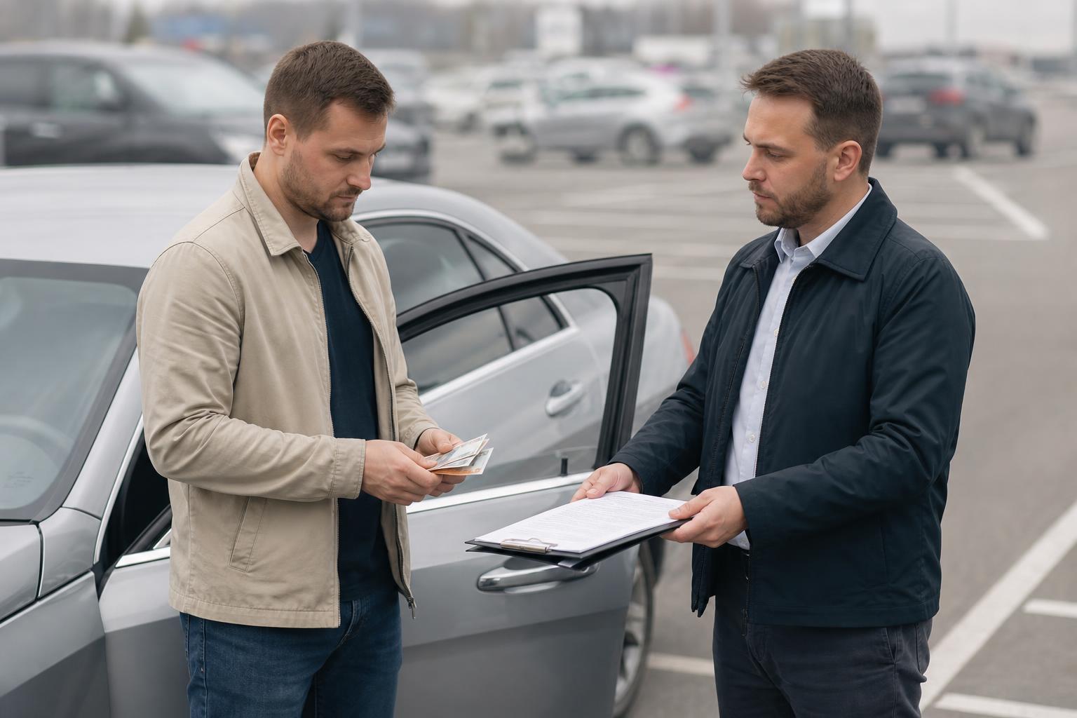 Продавец и покупатель проверяют документы и наличные деньги при продаже автомобиля на стоянке