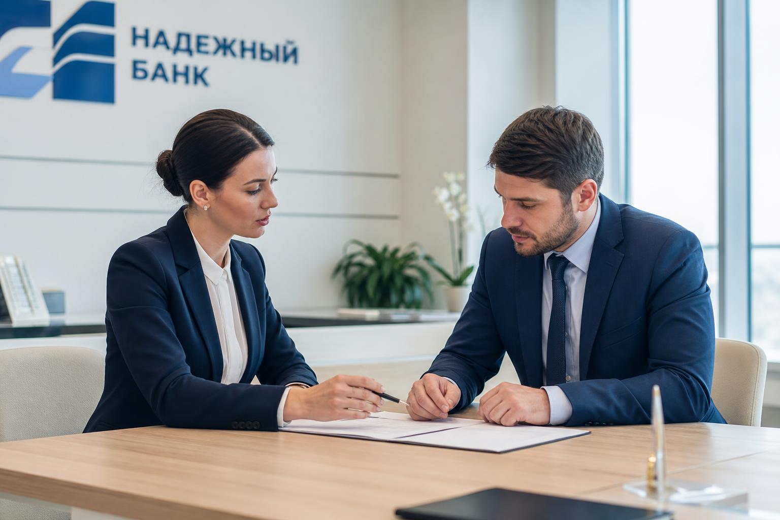Двое людей проверяют документы и обсуждают условия у стола в светлом офисе банка
