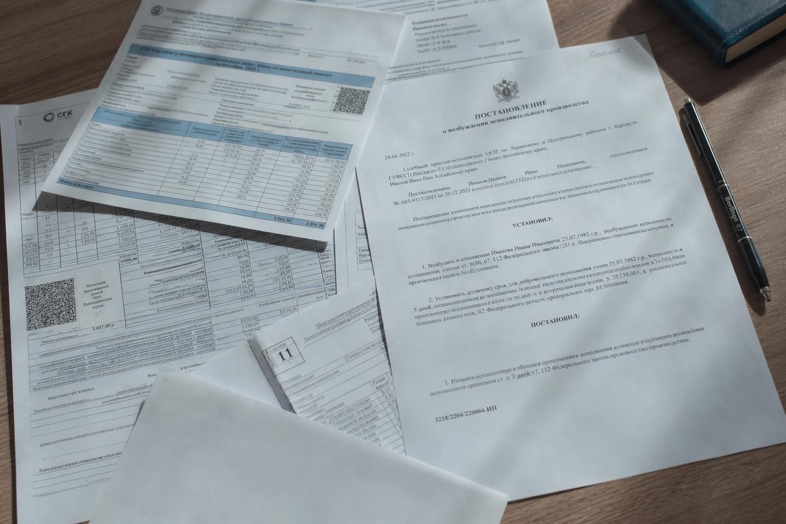 Документы и квитанции об оплате долга лежат на столе рядом с постановлением судебного пристава