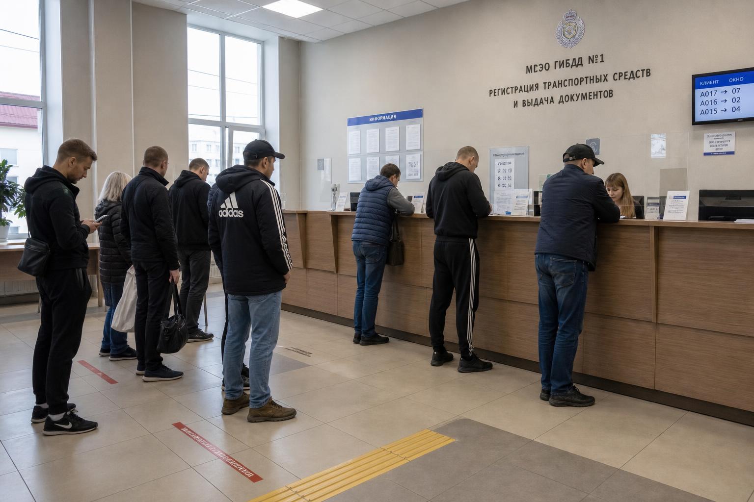 Интерьер регистрационного зала МРЭО с очередью посетителей и стойками для документов